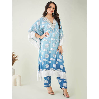 First Resort by Ramola Bachchan Blue Ombre Mid Length Kaftan Fringe Detail & Pant (Set of 2)