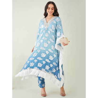 First Resort by Ramola Bachchan Blue Ombre Mid Length Kaftan Fringe Detail & Pant (Set of 2)