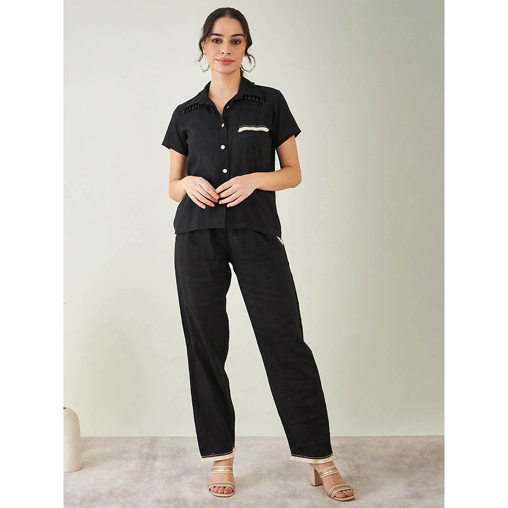 First Resort by Ramola Bachchan Black Linen Shirt with Lace Detail and Pant (Set of 2)