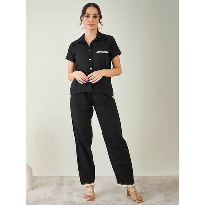 First Resort by Ramola Bachchan Black Linen Shirt with Lace Detail and Pant (Set of 2)