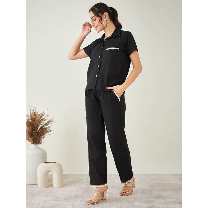 First Resort by Ramola Bachchan Black Linen Shirt with Lace Detail and Pant (Set of 2)