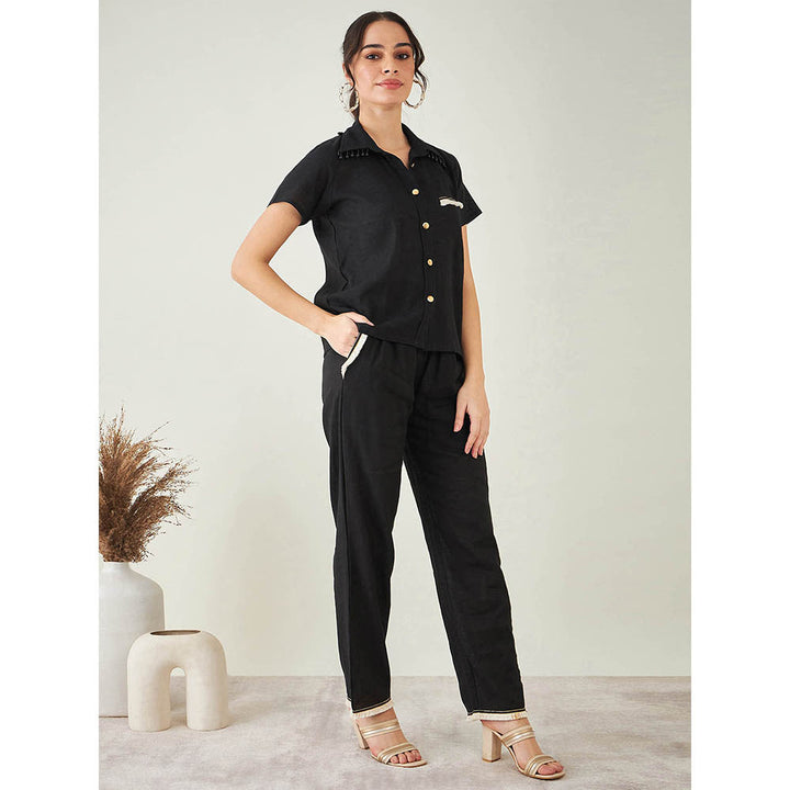 First Resort by Ramola Bachchan Black Linen Shirt with Lace Detail and Pant (Set of 2)