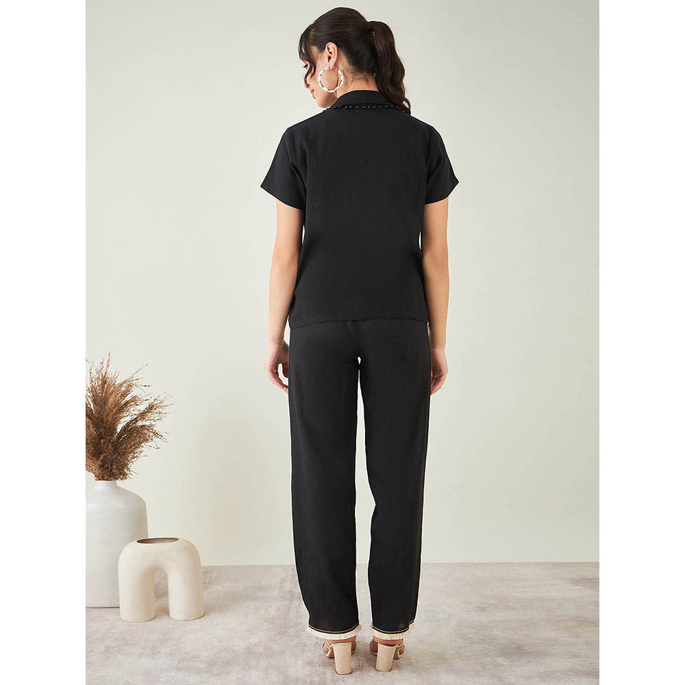 First Resort by Ramola Bachchan Black Linen Shirt with Lace Detail and Pant (Set of 2)