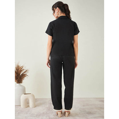First Resort by Ramola Bachchan Black Linen Shirt with Lace Detail and Pant (Set of 2)