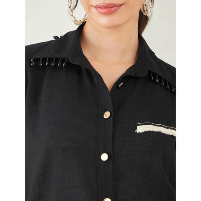 First Resort by Ramola Bachchan Black Linen Shirt with Lace Detail and Pant (Set of 2)