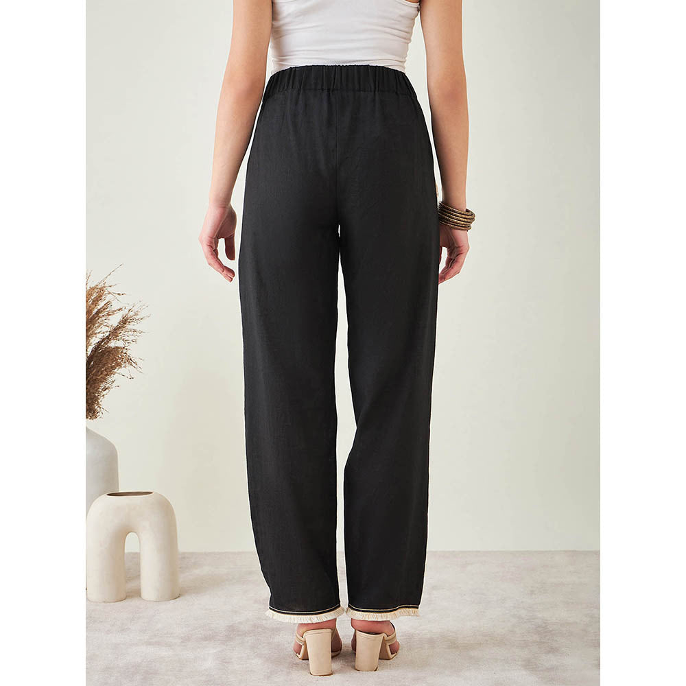 First Resort by Ramola Bachchan Black Linen Shirt with Lace Detail and Pant (Set of 2)