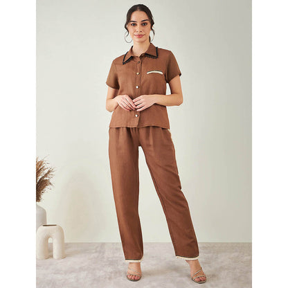 First Resort by Ramola Bachchan Brown Linen Shirt with Lace Detail and Pant (Set of 2)