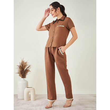 First Resort by Ramola Bachchan Brown Linen Shirt with Lace Detail and Pant (Set of 2)