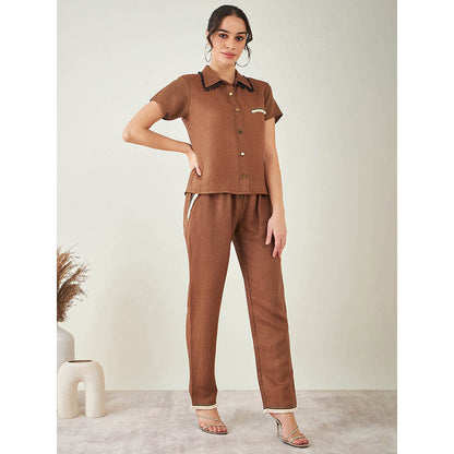 First Resort by Ramola Bachchan Brown Linen Shirt with Lace Detail and Pant (Set of 2)