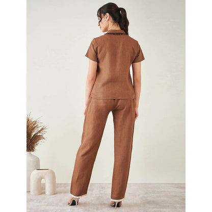 First Resort by Ramola Bachchan Brown Linen Shirt with Lace Detail and Pant (Set of 2)