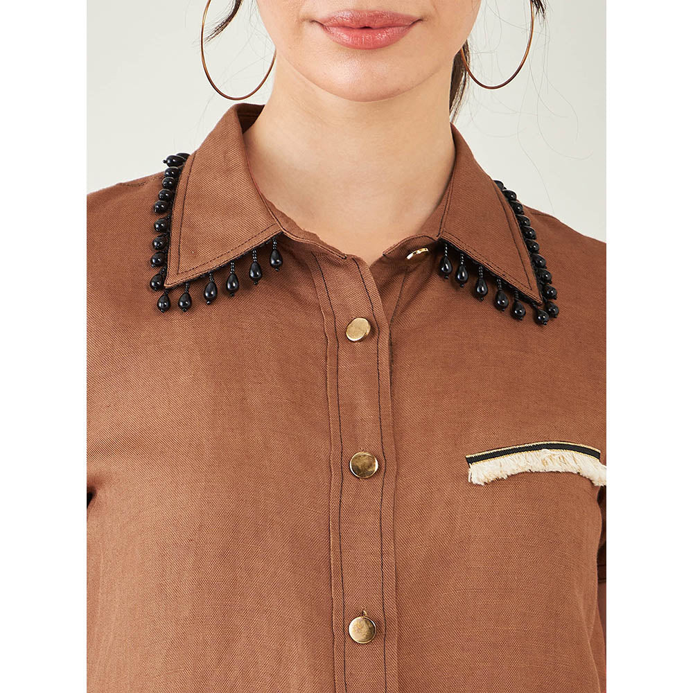 First Resort by Ramola Bachchan Brown Linen Shirt with Lace Detail and Pant (Set of 2)