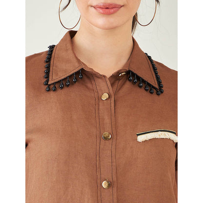 First Resort by Ramola Bachchan Brown Linen Shirt with Lace Detail and Pant (Set of 2)