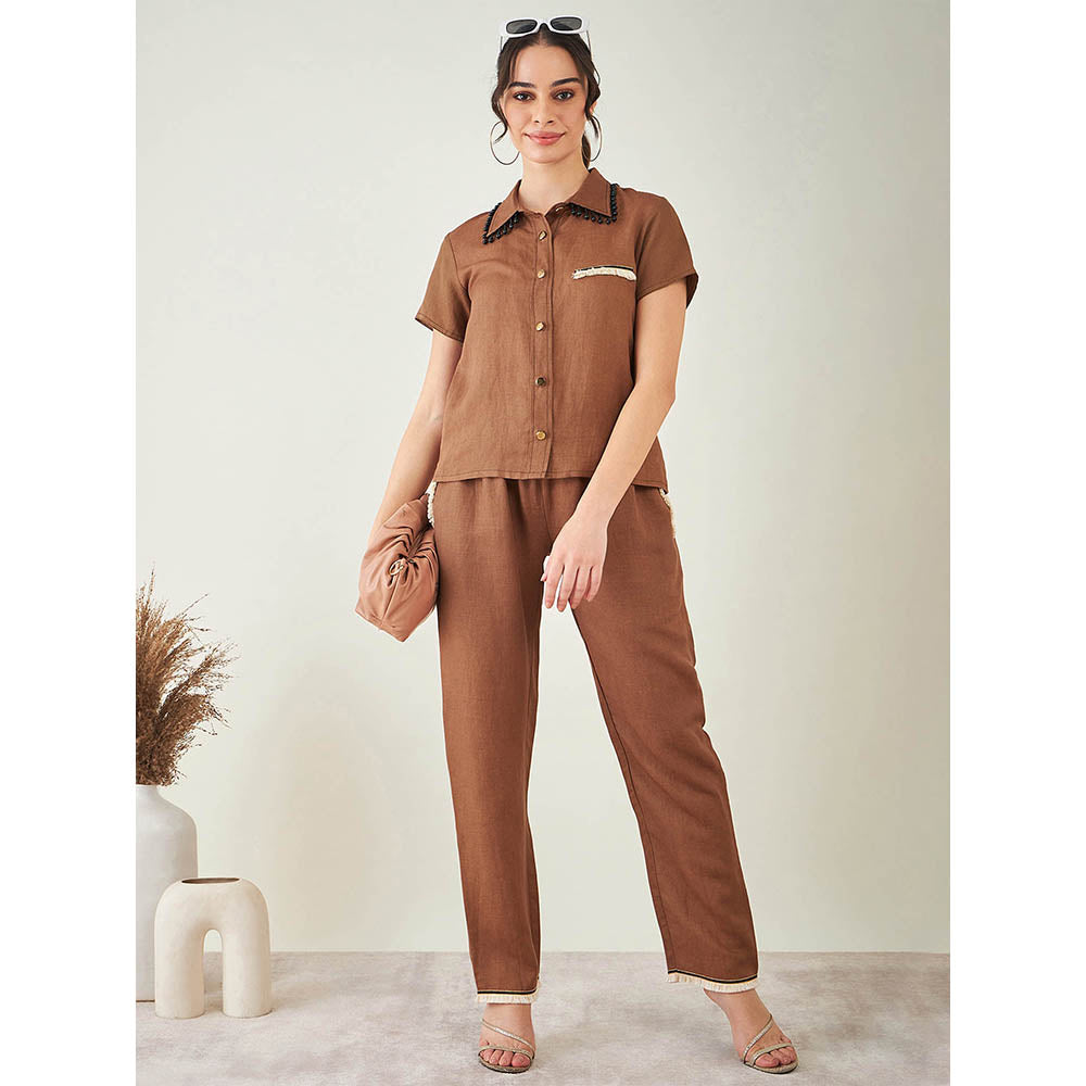 First Resort by Ramola Bachchan Brown Linen Shirt with Lace Detail and Pant (Set of 2)