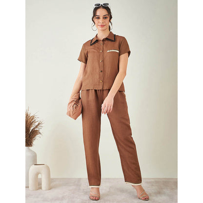 First Resort by Ramola Bachchan Brown Linen Shirt with Lace Detail and Pant (Set of 2)
