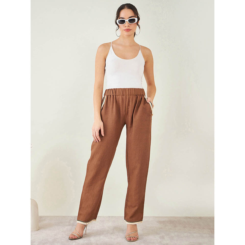 First Resort by Ramola Bachchan Brown Linen Shirt with Lace Detail and Pant (Set of 2)