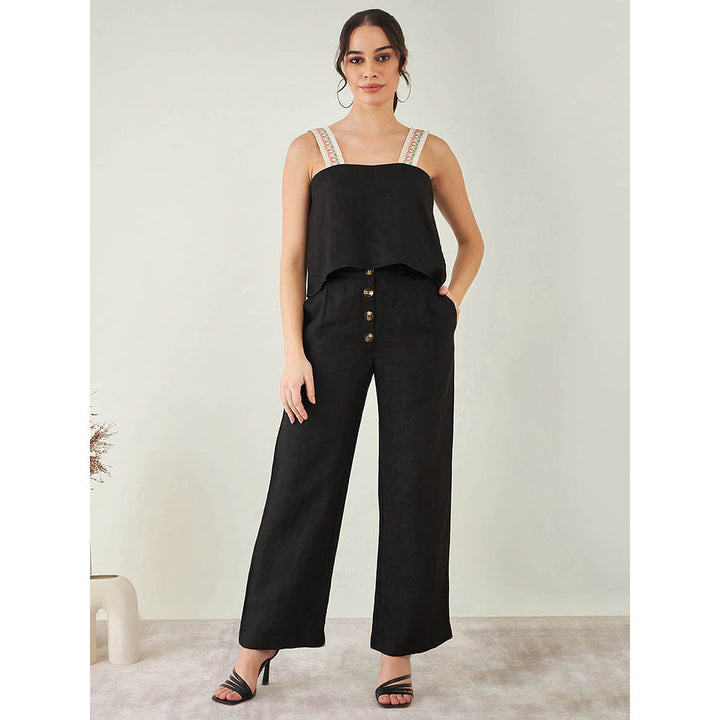 First Resort by Ramola Bachchan Black Linen Crop Top with Straight Pant (Set of 2)