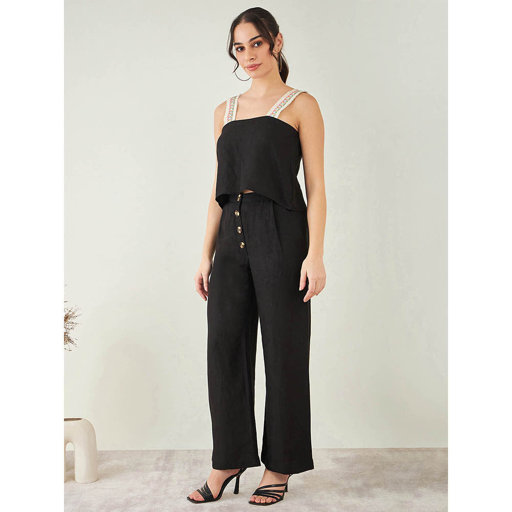 First Resort by Ramola Bachchan Black Linen Crop Top with Straight Pant (Set of 2)