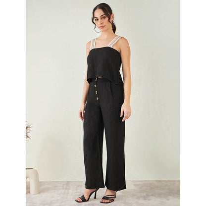 First Resort by Ramola Bachchan Black Linen Crop Top with Straight Pant (Set of 2)