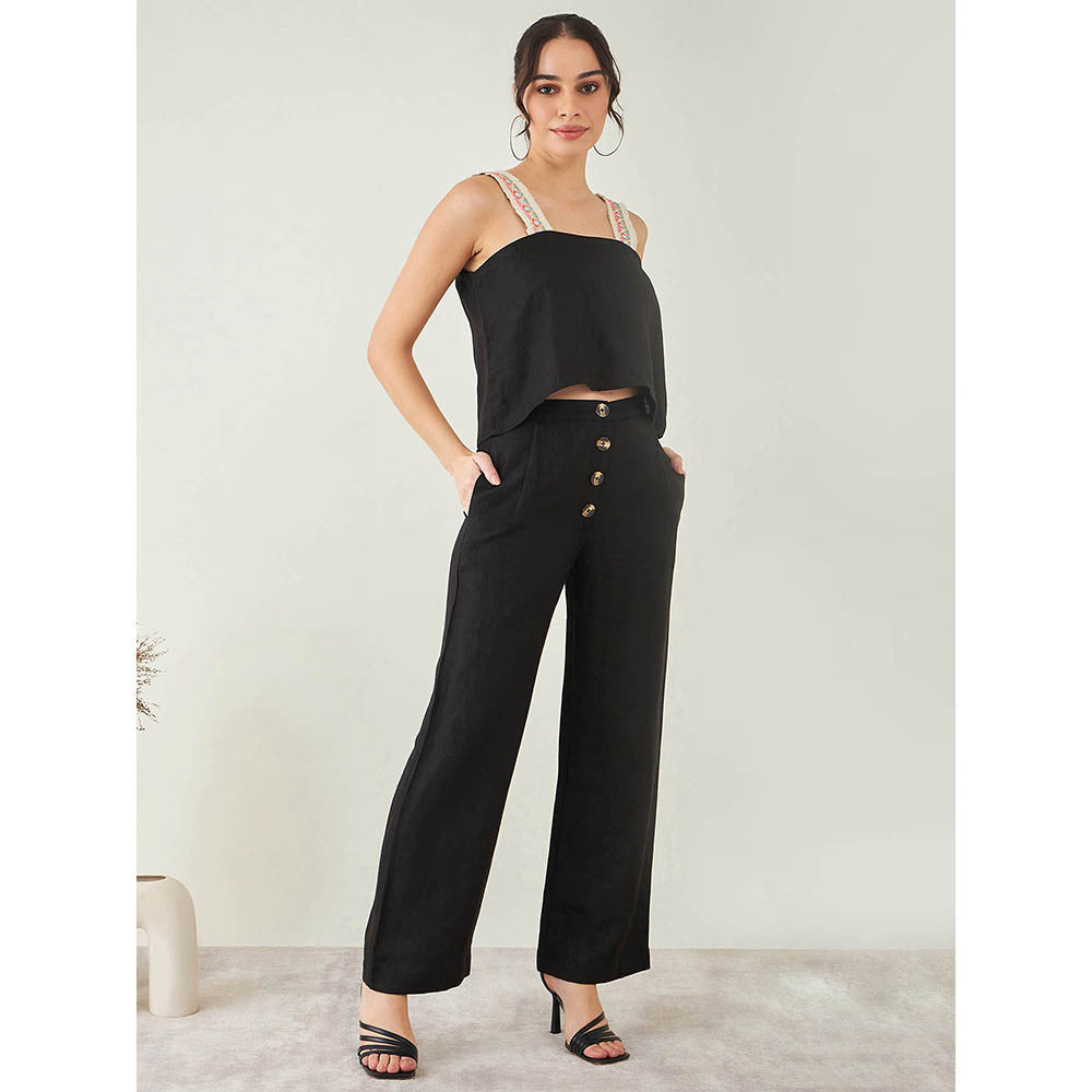 First Resort by Ramola Bachchan Black Linen Crop Top with Straight Pant (Set of 2)
