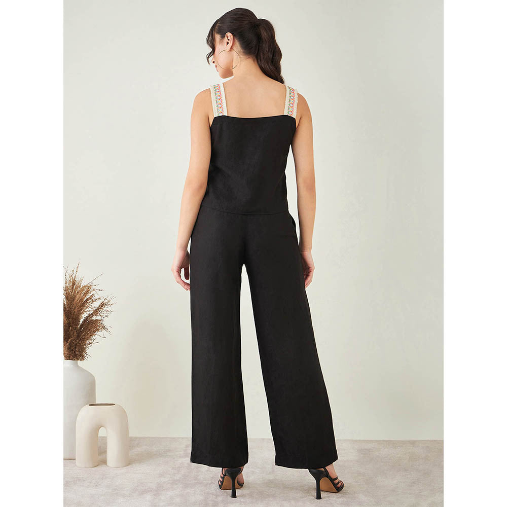 First Resort by Ramola Bachchan Black Linen Crop Top with Straight Pant (Set of 2)