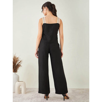 First Resort by Ramola Bachchan Black Linen Crop Top with Straight Pant (Set of 2)