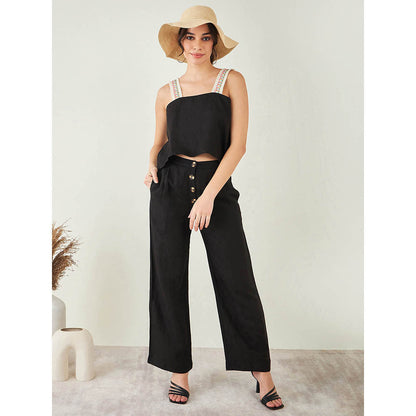 First Resort by Ramola Bachchan Black Linen Crop Top with Straight Pant (Set of 2)