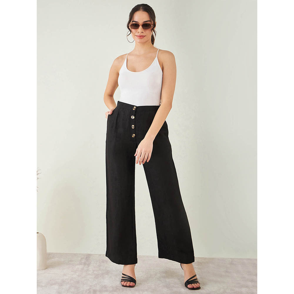 First Resort by Ramola Bachchan Black Linen Crop Top with Straight Pant (Set of 2)