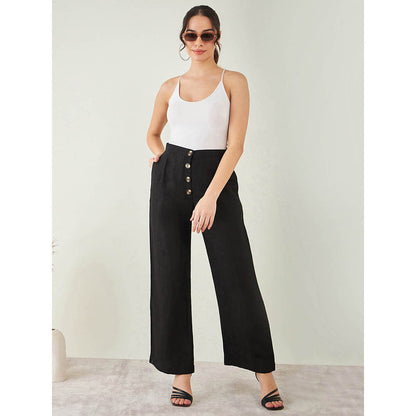 First Resort by Ramola Bachchan Black Linen Crop Top with Straight Pant (Set of 2)