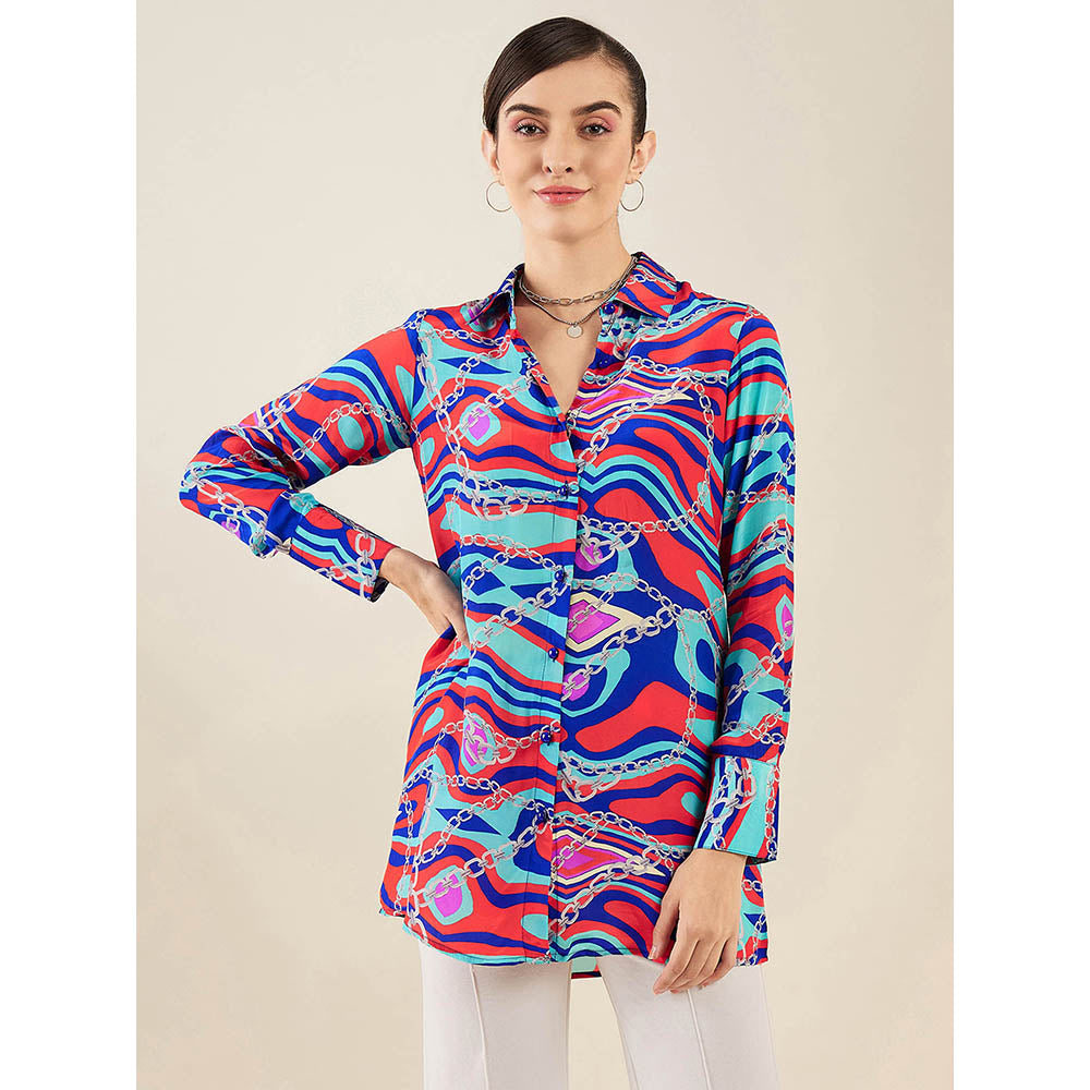 First Resort by Ramola Bachchan Blue and Red Marine Wave Print Shirt