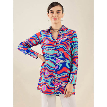 First Resort by Ramola Bachchan Blue and Red Marine Wave Print Shirt