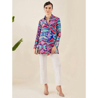 First Resort by Ramola Bachchan Blue and Red Marine Wave Print Shirt