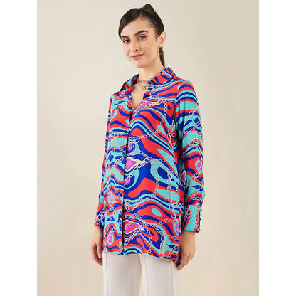 First Resort by Ramola Bachchan Blue and Red Marine Wave Print Shirt