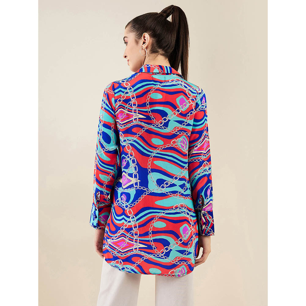 First Resort by Ramola Bachchan Blue and Red Marine Wave Print Shirt