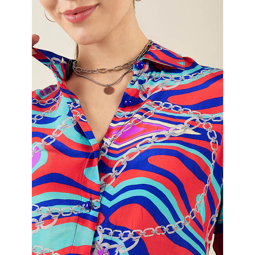 First Resort by Ramola Bachchan Blue and Red Marine Wave Print Shirt