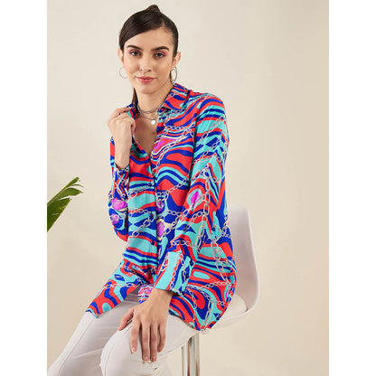 First Resort by Ramola Bachchan Blue and Red Marine Wave Print Shirt