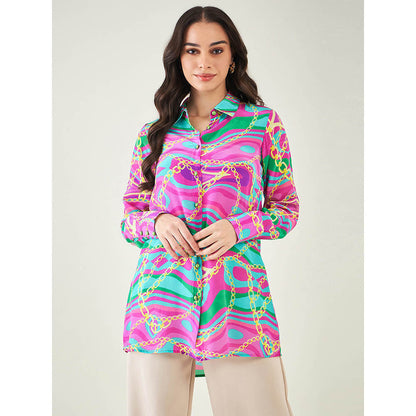 First Resort by Ramola Bachchan Pink and Green Marine Wave Print Shirt
