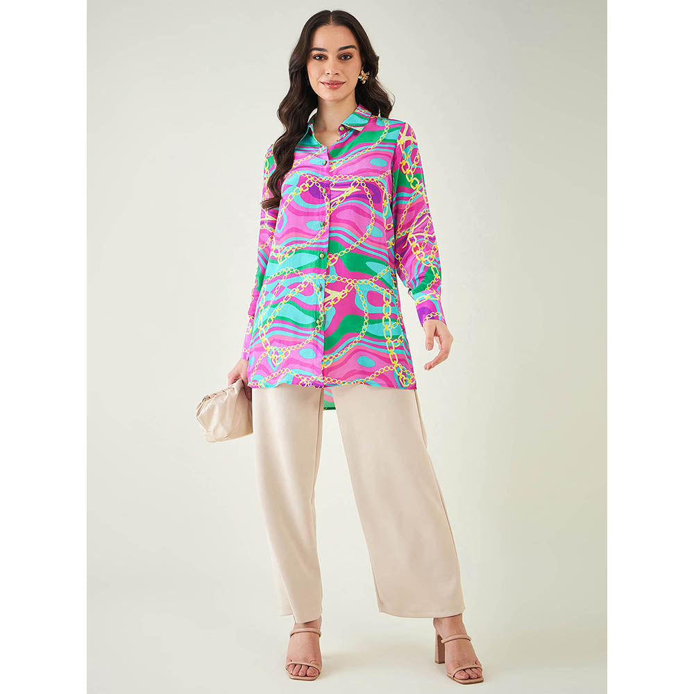 First Resort by Ramola Bachchan Pink and Green Marine Wave Print Shirt