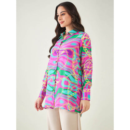 First Resort by Ramola Bachchan Pink and Green Marine Wave Print Shirt