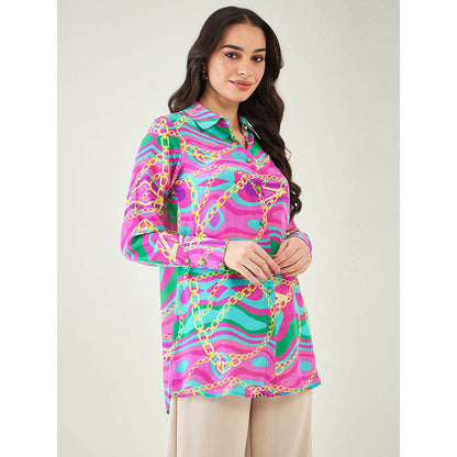 First Resort by Ramola Bachchan Pink and Green Marine Wave Print Shirt