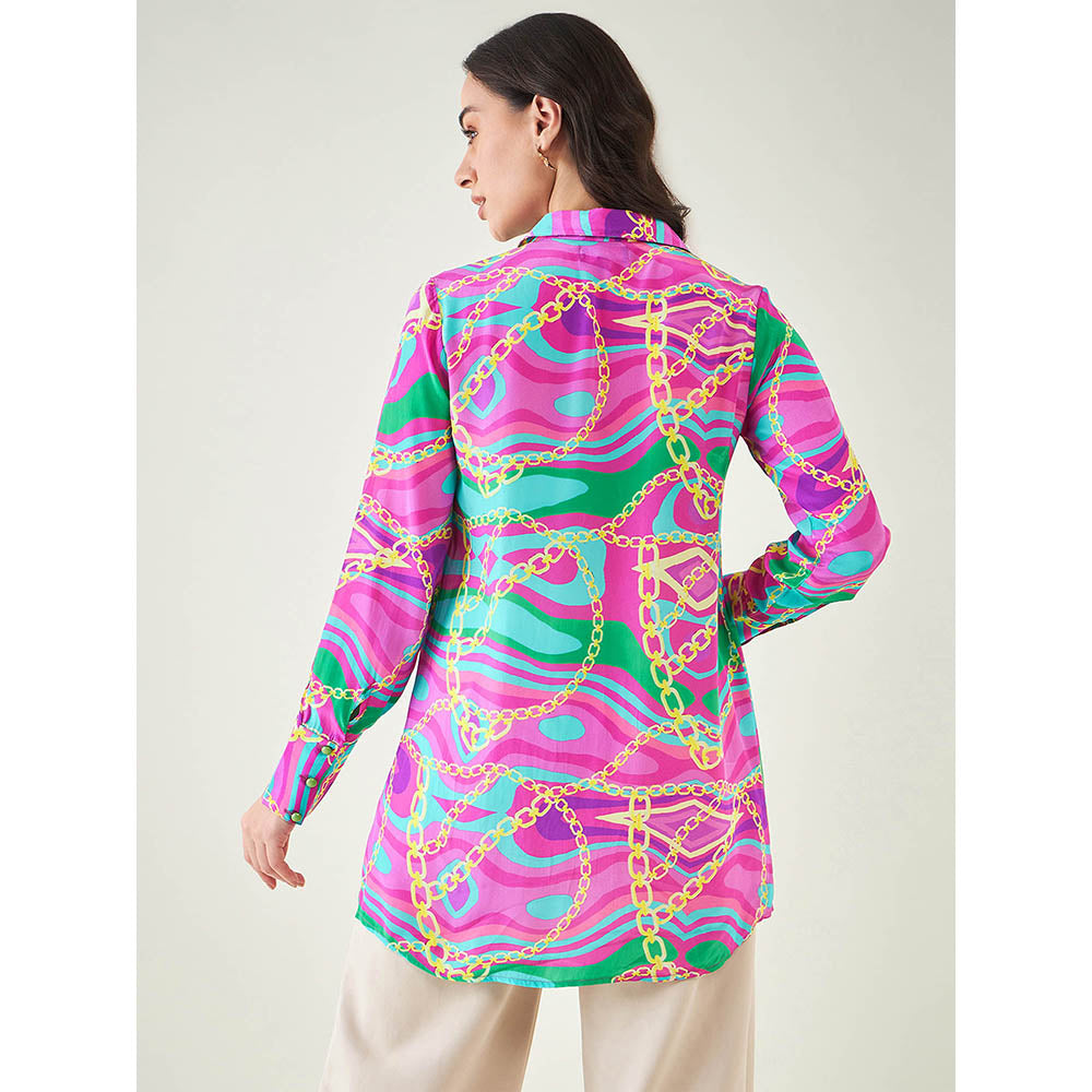First Resort by Ramola Bachchan Pink and Green Marine Wave Print Shirt