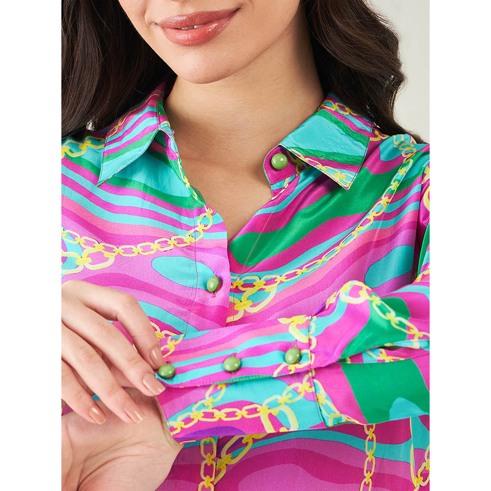 First Resort by Ramola Bachchan Pink and Green Marine Wave Print Shirt