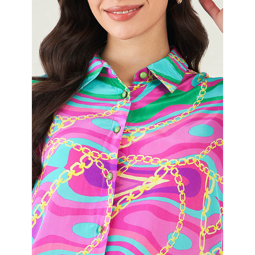 First Resort by Ramola Bachchan Pink and Green Marine Wave Print Shirt