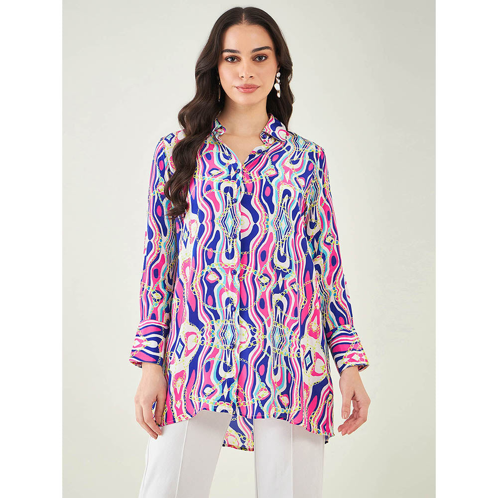 First Resort by Ramola Bachchan Blue and Pink Marine Wave Print Shirt