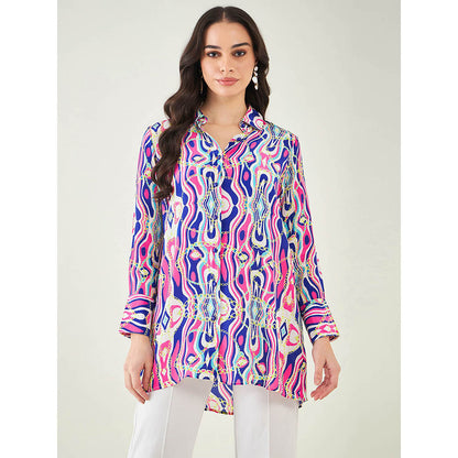 First Resort by Ramola Bachchan Blue and Pink Marine Wave Print Shirt
