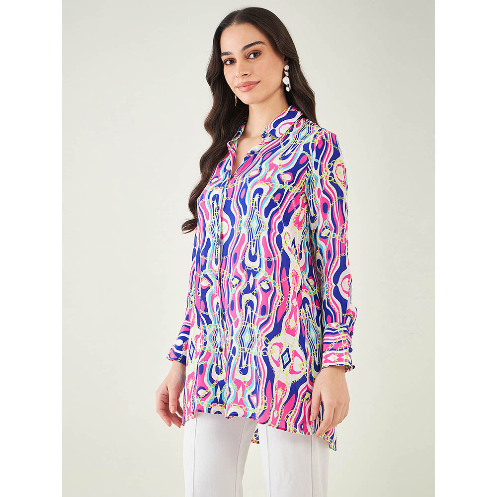 First Resort by Ramola Bachchan Blue and Pink Marine Wave Print Shirt