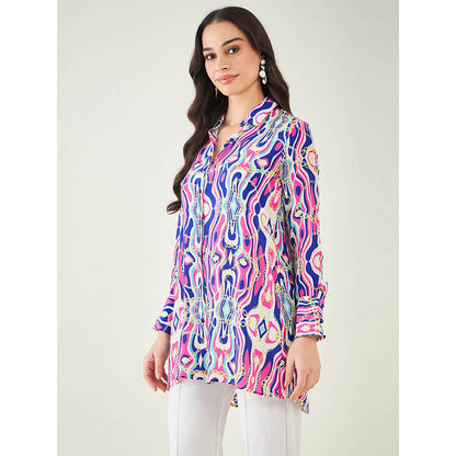 First Resort by Ramola Bachchan Blue and Pink Marine Wave Print Shirt