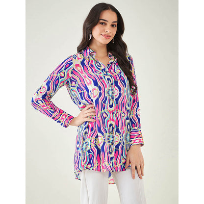 First Resort by Ramola Bachchan Blue and Pink Marine Wave Print Shirt