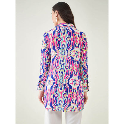 First Resort by Ramola Bachchan Blue and Pink Marine Wave Print Shirt