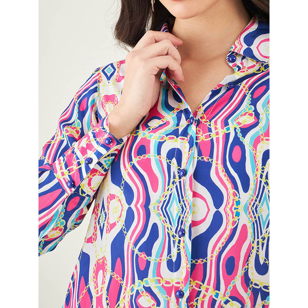 First Resort by Ramola Bachchan Blue and Pink Marine Wave Print Shirt