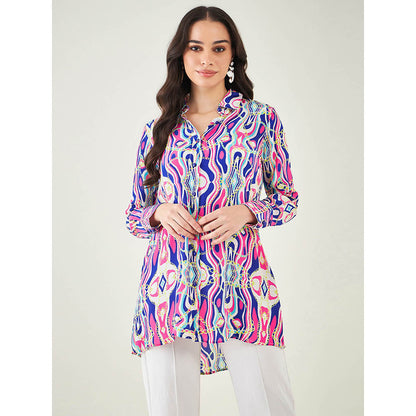First Resort by Ramola Bachchan Blue and Pink Marine Wave Print Shirt